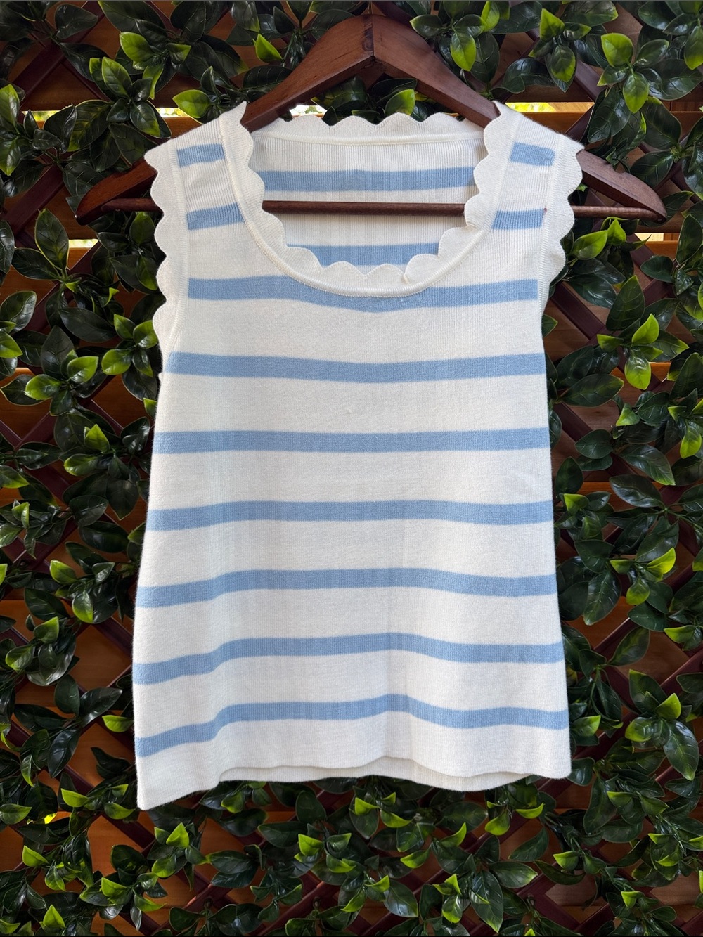 Striped Scallop Neck Sleeveless Top - White & Light Blue
